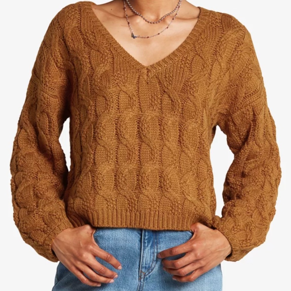 Volcom Bingable Chunky Cable Knit Sweater Bronze Basic Cottagecore Coastal Boho